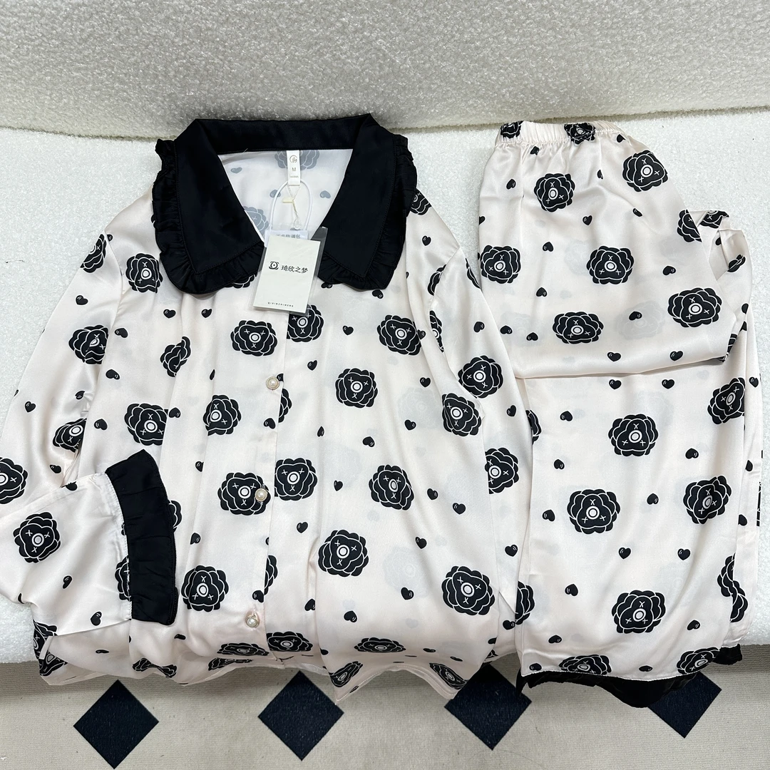 琦欣之梦爱心茶花高定长袖长裤家居服套装女