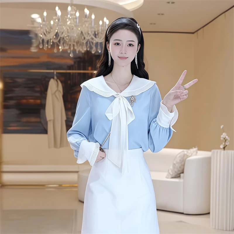 温柔娃娃领绑带拼接衬衫女2025春季新款宽松显瘦设计韩系小众上衣