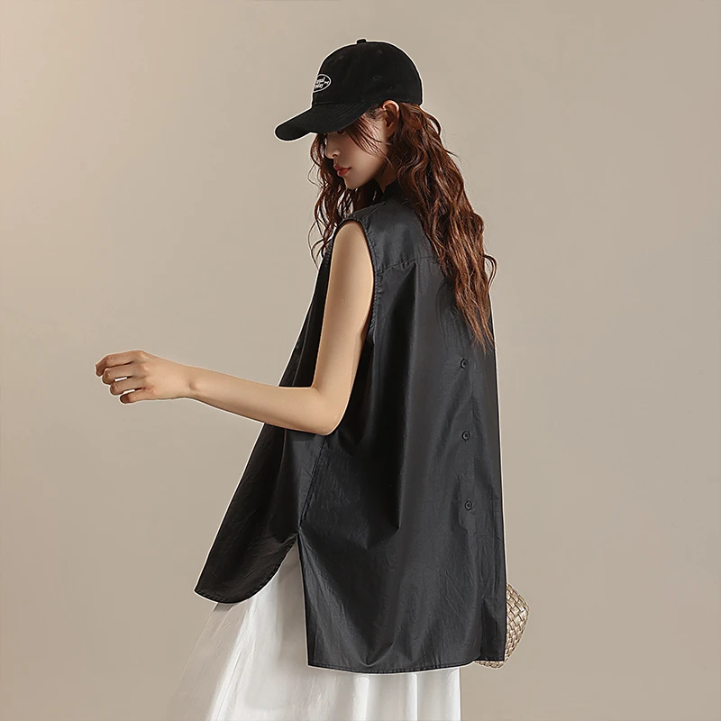 2025夏季女前后两穿无袖立领分割衬衫衬衣黑白色100纯棉薄MD5133