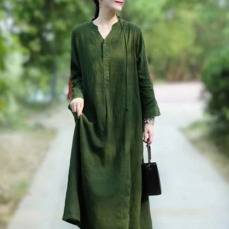 清仓捡漏外贸出口品牌2025春秋宽松亚麻大码文艺腰带V领连衣裙女