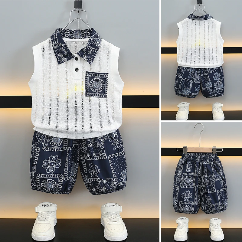 男童夏装无袖套装2025新款儿童夏季镂空polo领背心防蚊裤中小童装
