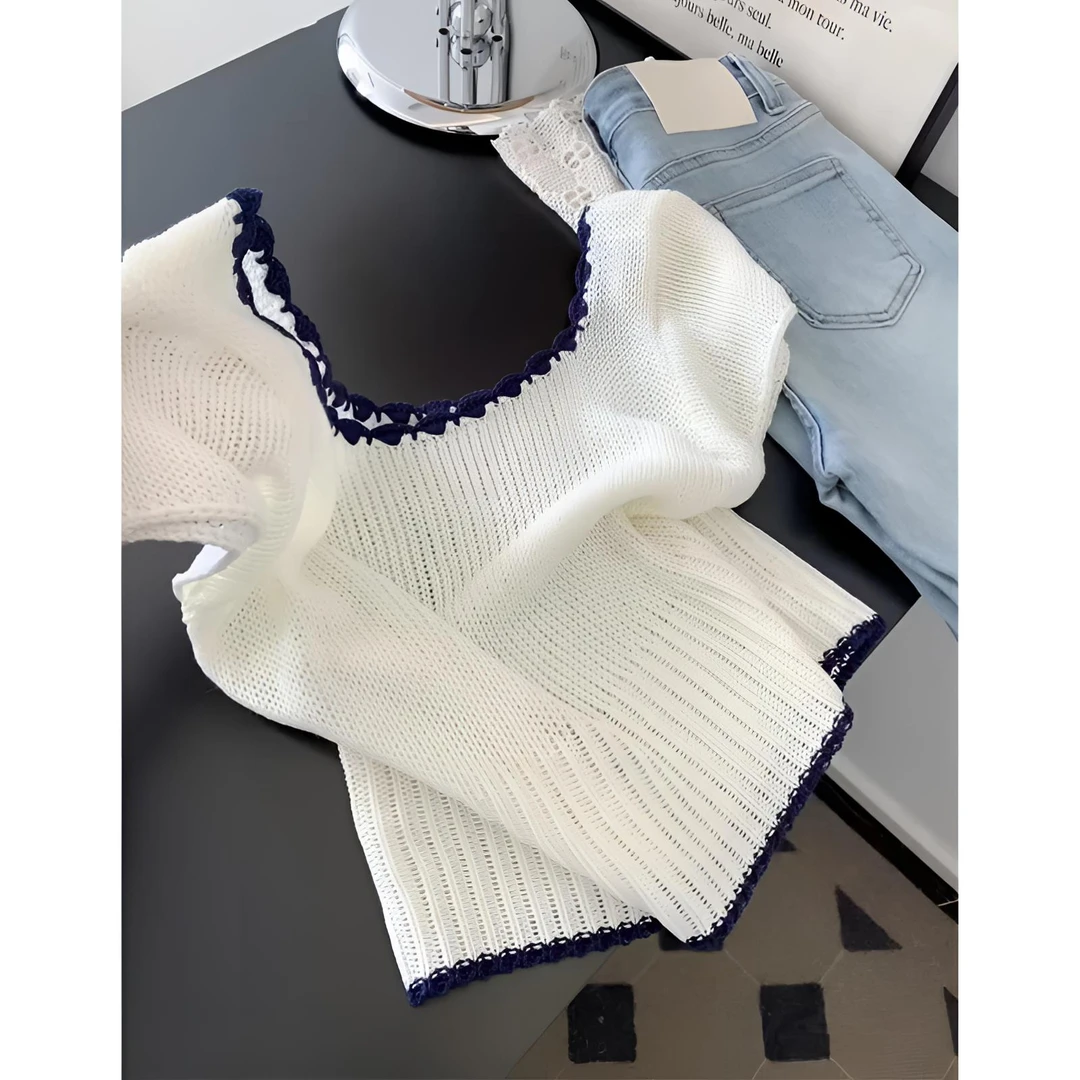 美式撞色圆领冰丝针织短袖T恤女夏季小个子修身显瘦正肩短款上衣