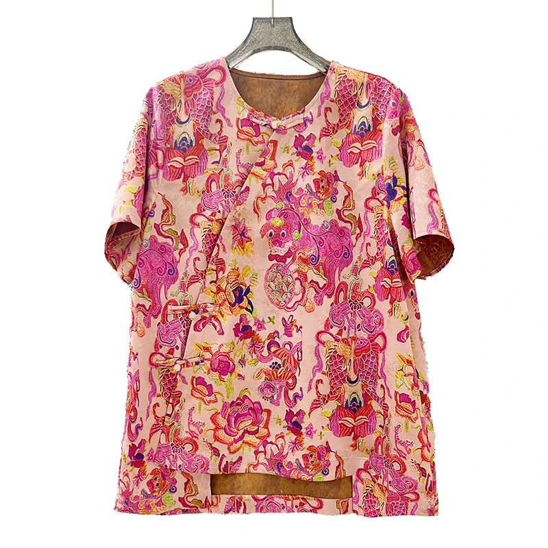 [莲理锦]夏季新中式气质T恤圆领短袖时尚重磅印花百搭休闲背心