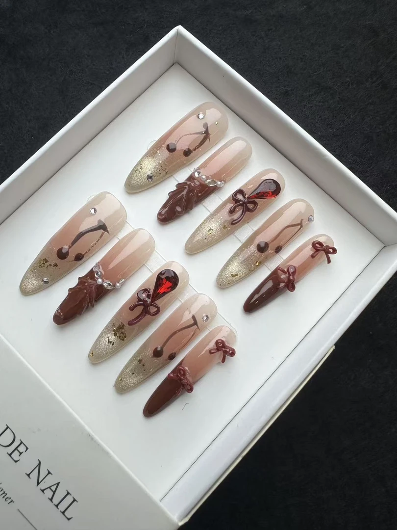 法式红色/猫眼手绘樱桃立体蝴蝶结长款高级穿戴甲显白又气质