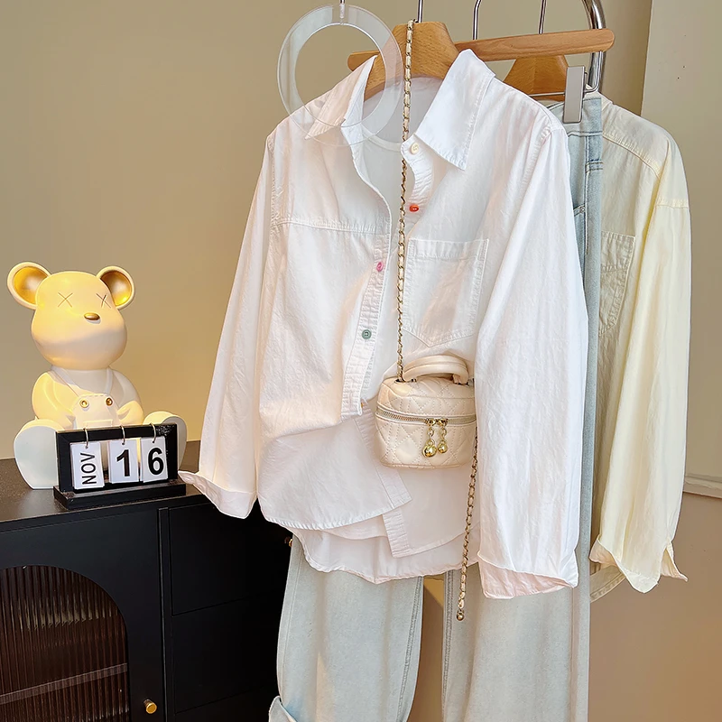 2025早秋新款显白纯棉衬衫女洋气彩色纽扣时尚长袖宽松显瘦衬衣潮