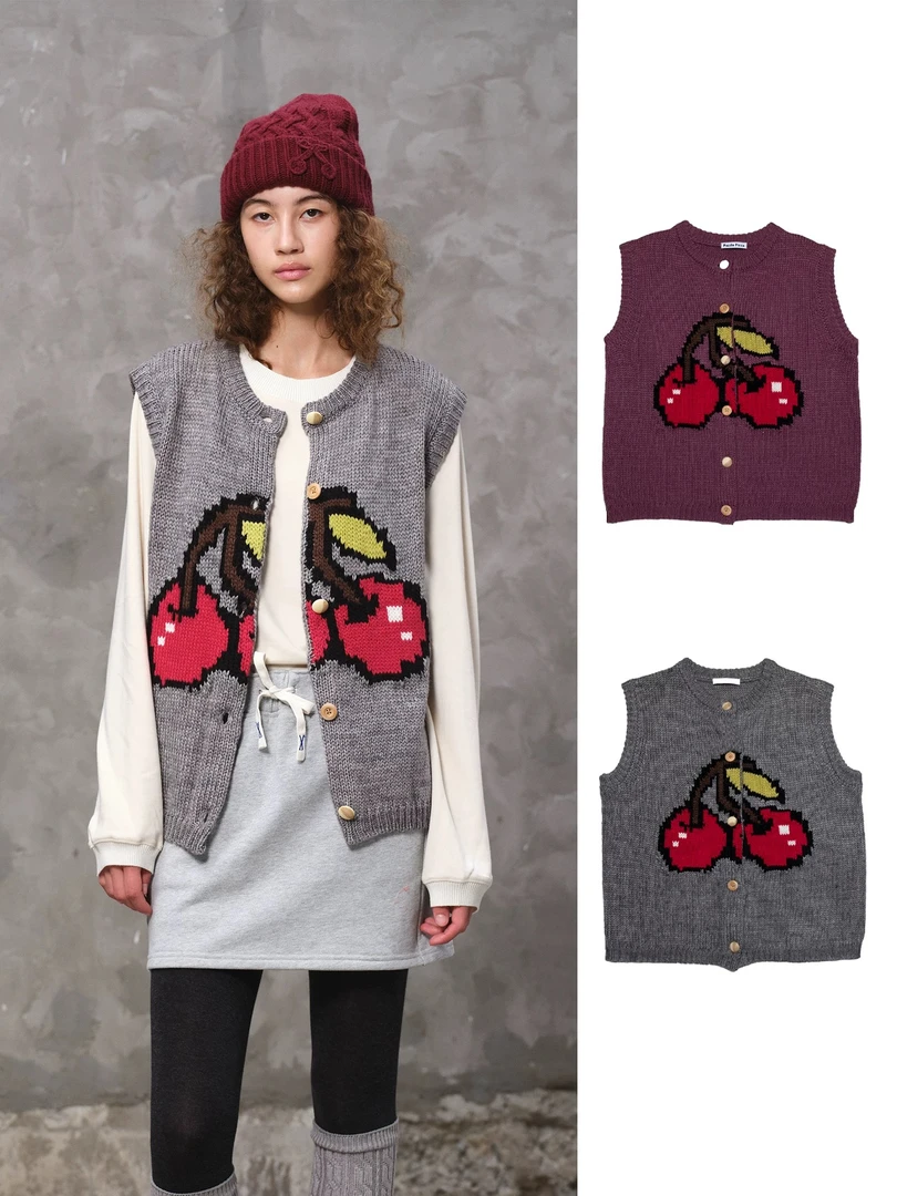 puzzle piece设计师品牌26早春复古樱桃刺绣针织马甲百搭休闲时尚