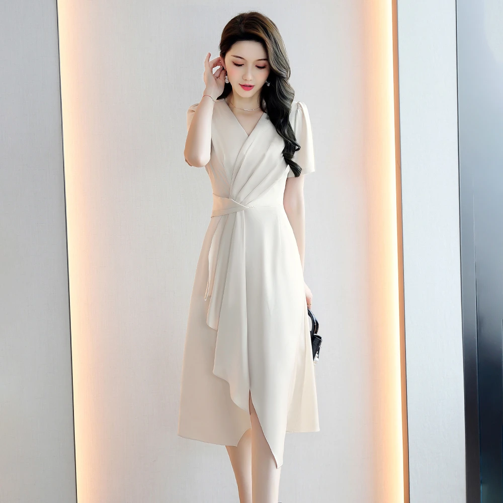 名媛风时尚V领夏季连衣裙女2025新款气质收腰显瘦女装不规则裙子