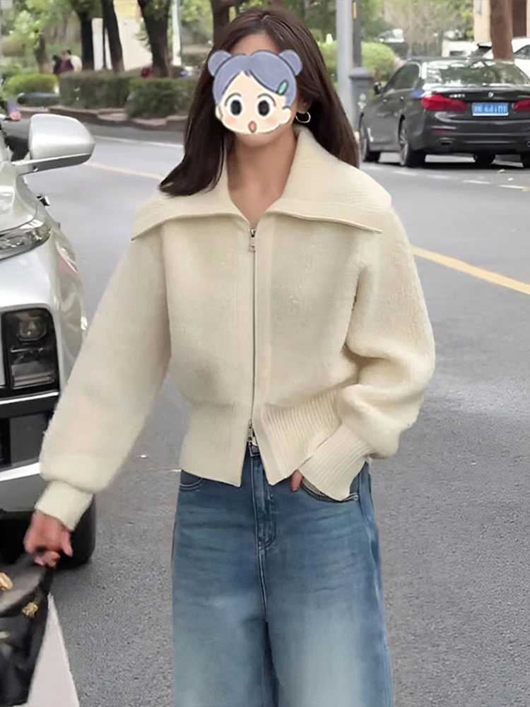 温柔风双拉链翻领长袖毛衣开衫外套女2025新款秋冬宽松设计感上衣