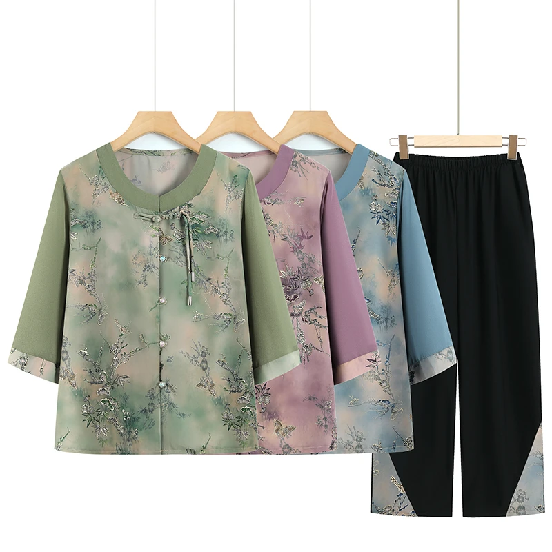中老年女妈妈装夏季新中式两件套薄款奶奶装夏季老年人衣服女套装