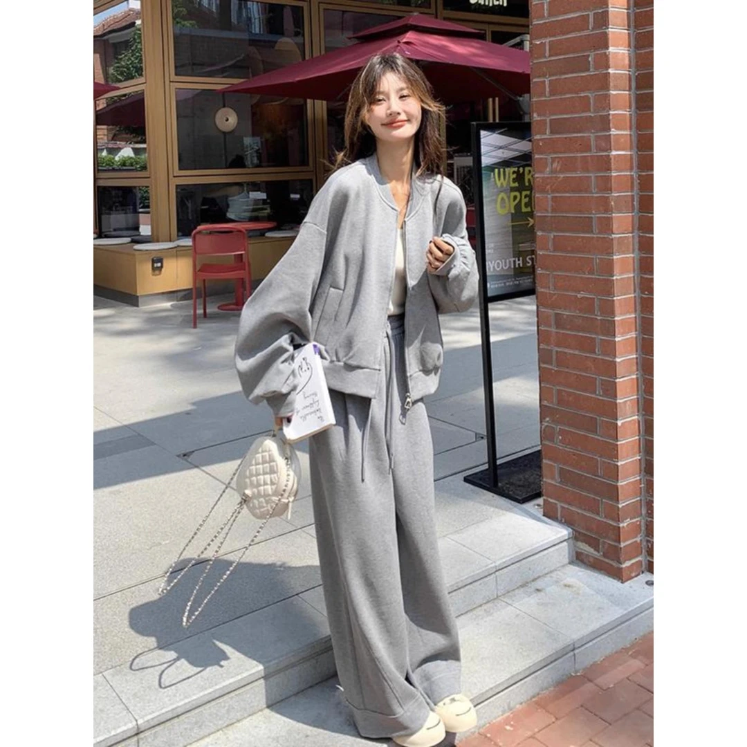 韩风chic灰色休闲运动套装女春秋卫衣两件套减龄一整套又a又飒
