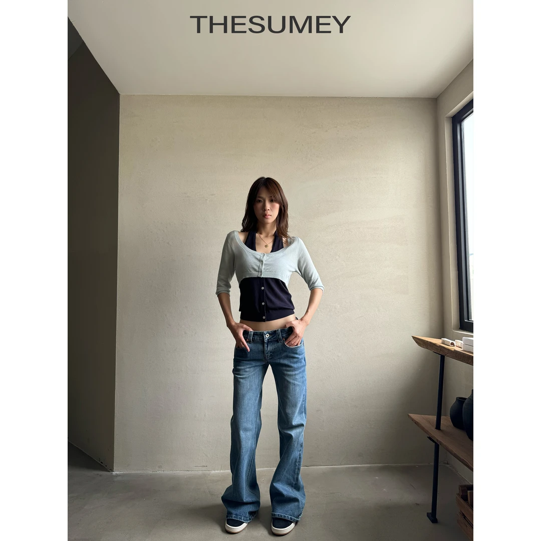THESUMEY复古水洗直筒蓝色牛仔裤女2025夏季新款中腰显瘦微喇长裤