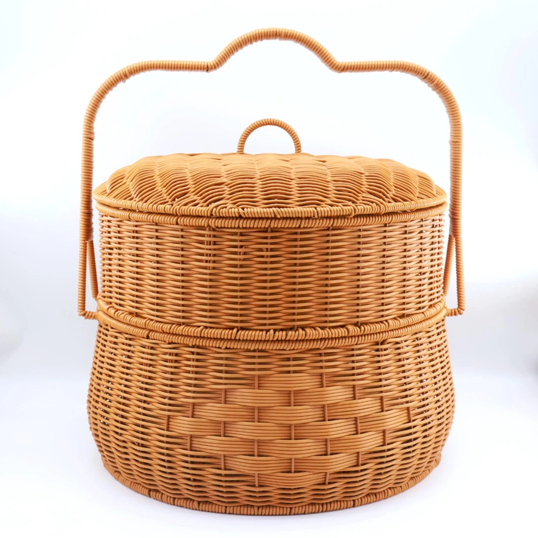 家用特大号圆形双层拜拜篮带盖手工编轻奢拜神拜祖宗篮子户外家用