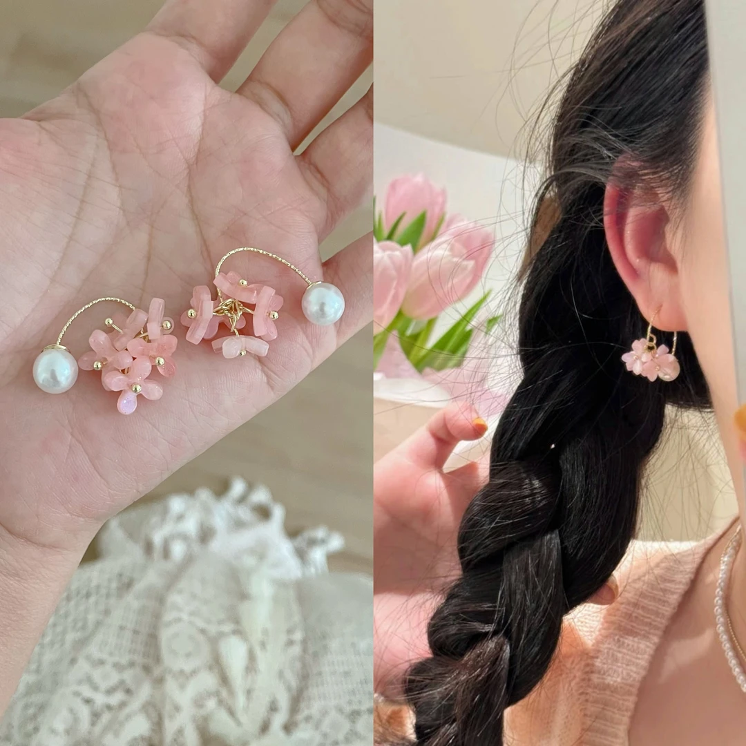 铜合金仿珍珠耳饰 D2277  超仙粉色花朵耳挂温柔甜美耳环