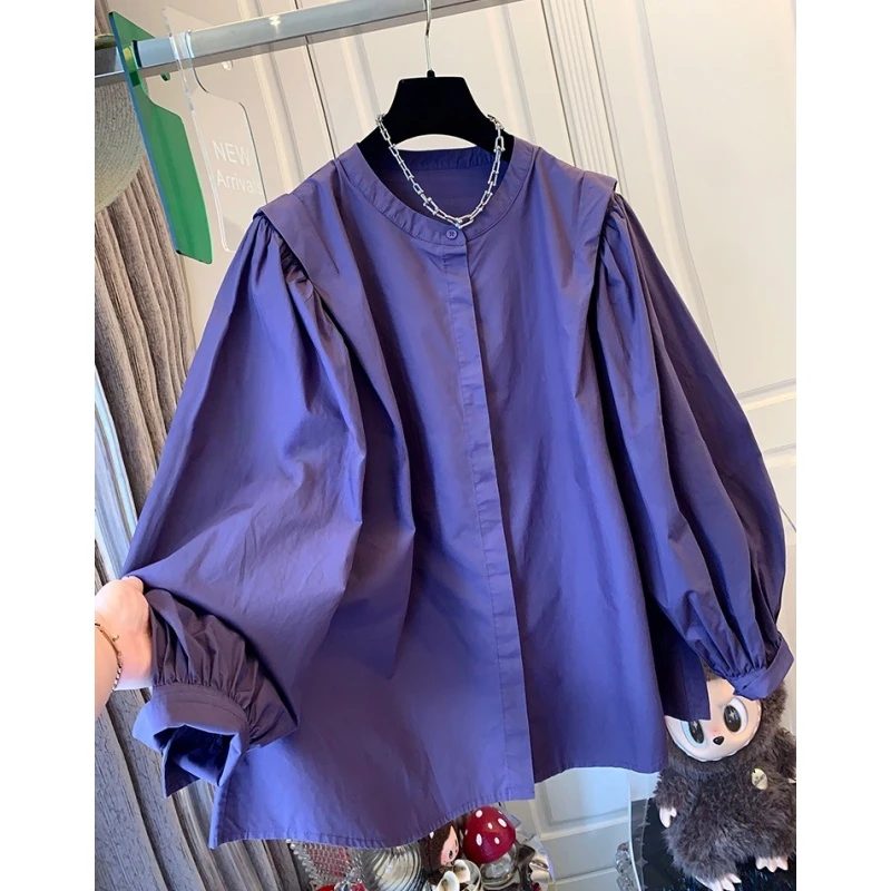 超好看紫色泡泡袖长袖衬衫娃娃衫女宽松大版上衣2025秋季新款