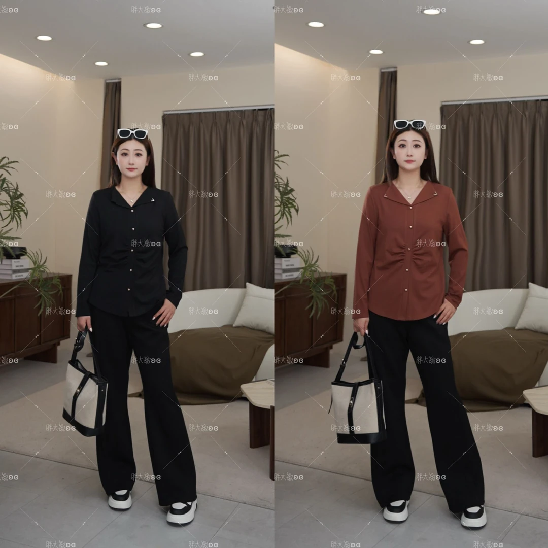 【秋款上新】PDM22587秋季新款休闲百搭显瘦V领翻领大码女装上衣