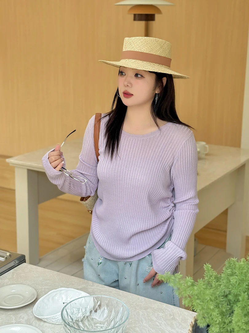 【涵胖胖】清*设计感抽褶圆领针织衫-F510