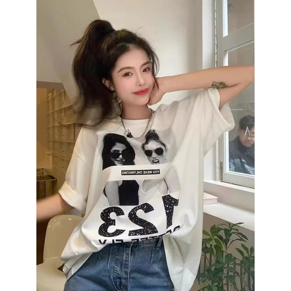 欧货白色印花短袖t恤女2025新款下衣失踪洋气宽松大版中长款体恤