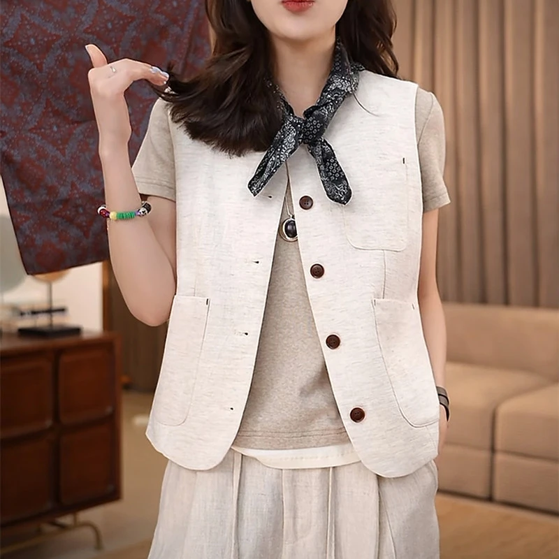 法式外穿显瘦定制麻料圆领马甲女2025春气质简约短款坎肩无袖外套