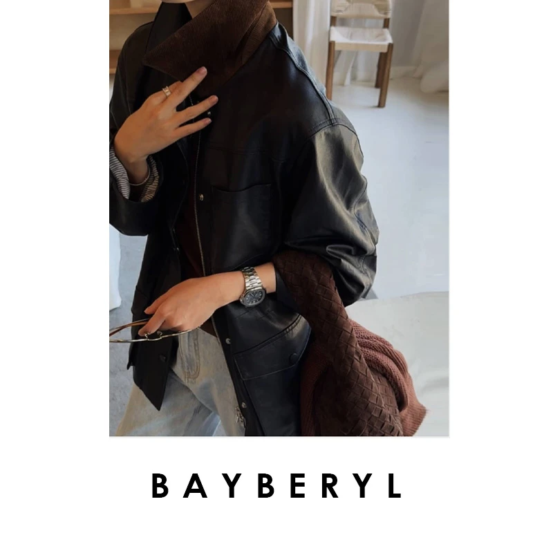 BAYBERYL老贝录客*1P深藏青工装翻领宽松时尚秋皮衣PY5E2649