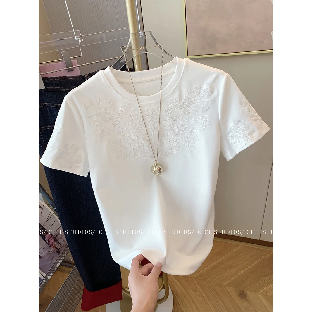 新中式重工刺绣短袖T恤女夏季新款韩版宽松显瘦纯棉上衣ins