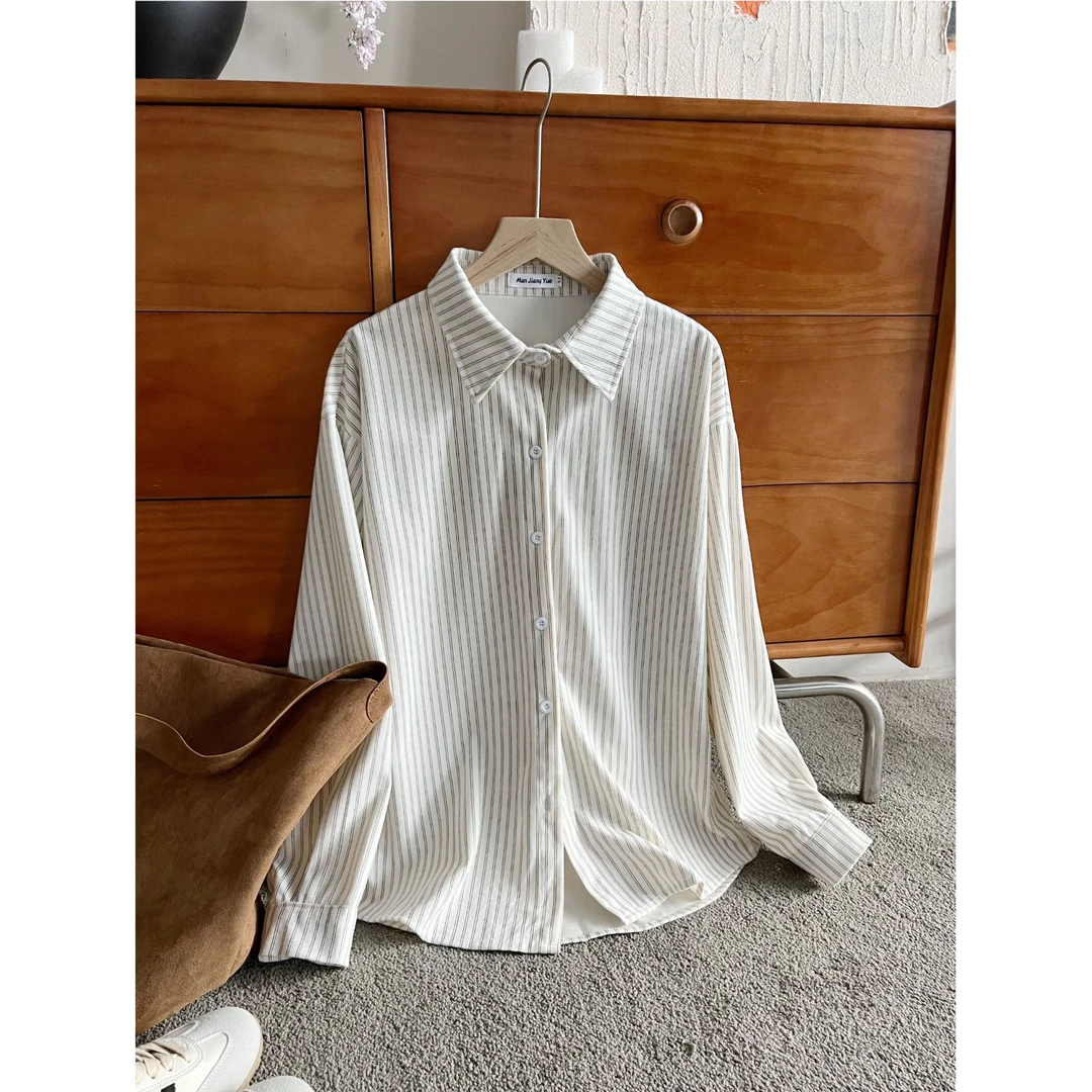 百搭叠穿条纹衬衫女早秋2025新款设计感小众长袖慵懒风复古上衣潮