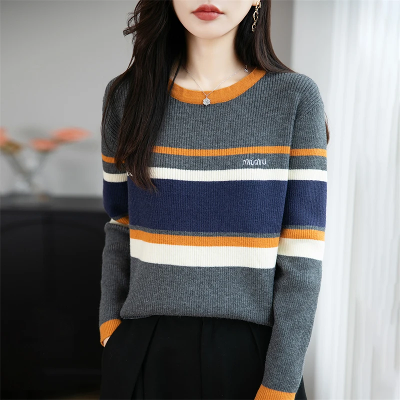 哥弟阿玛施正品秋冬新款圆领宽松显瘦条纹套头女毛针织衫百搭毛衣