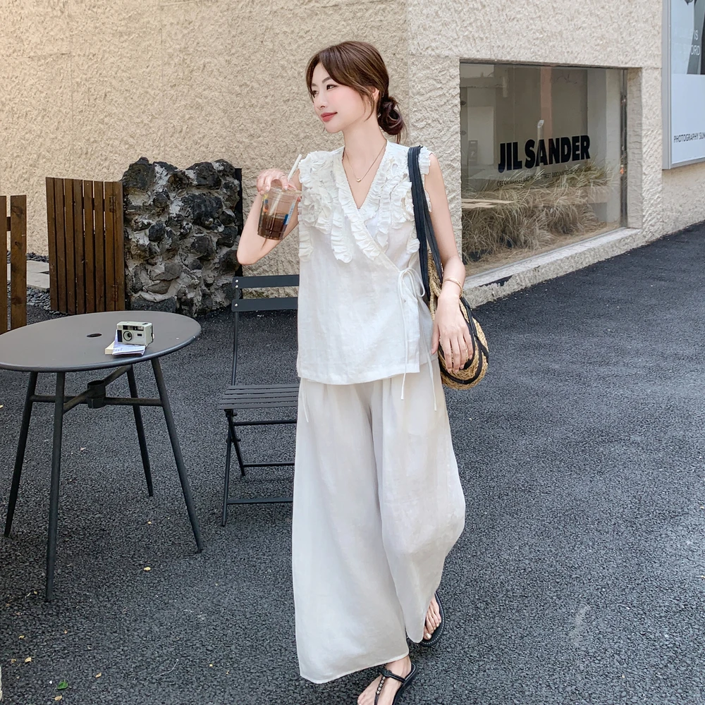 韩版休闲时尚慵懒风松弛感立体花朵无袖背心阔腿裤两件套夏天爆款