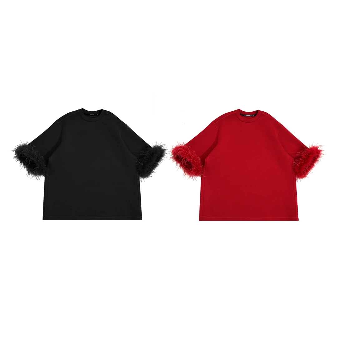 2新款限定-袖子轻奢高级感美式街头拼接鸵鸟毛羽毛T恤-151225