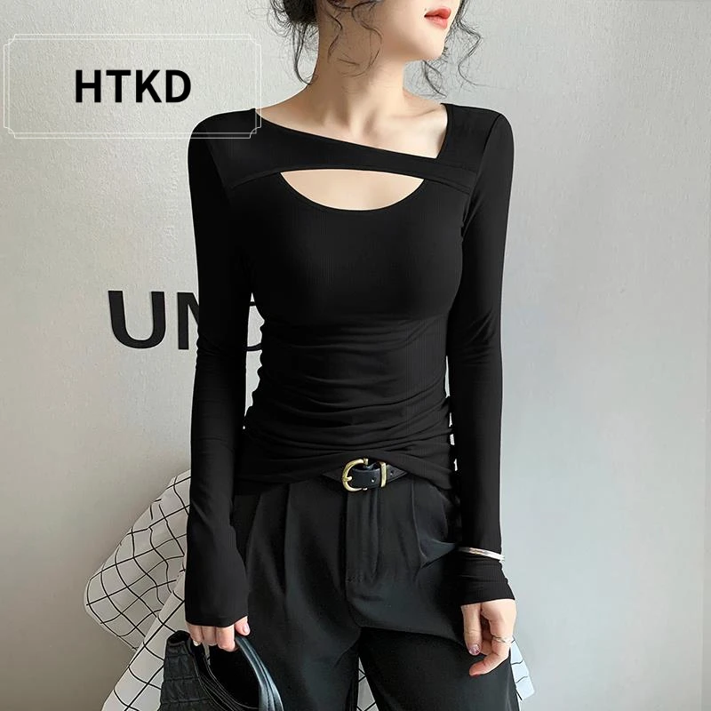 HTKD针织镂空长袖打底衫女春秋冬新款内搭黑色不规则设计感时尚