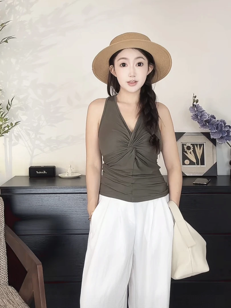 夏季新款辣妹修身V领纽结挂脖美背无袖吊带背心