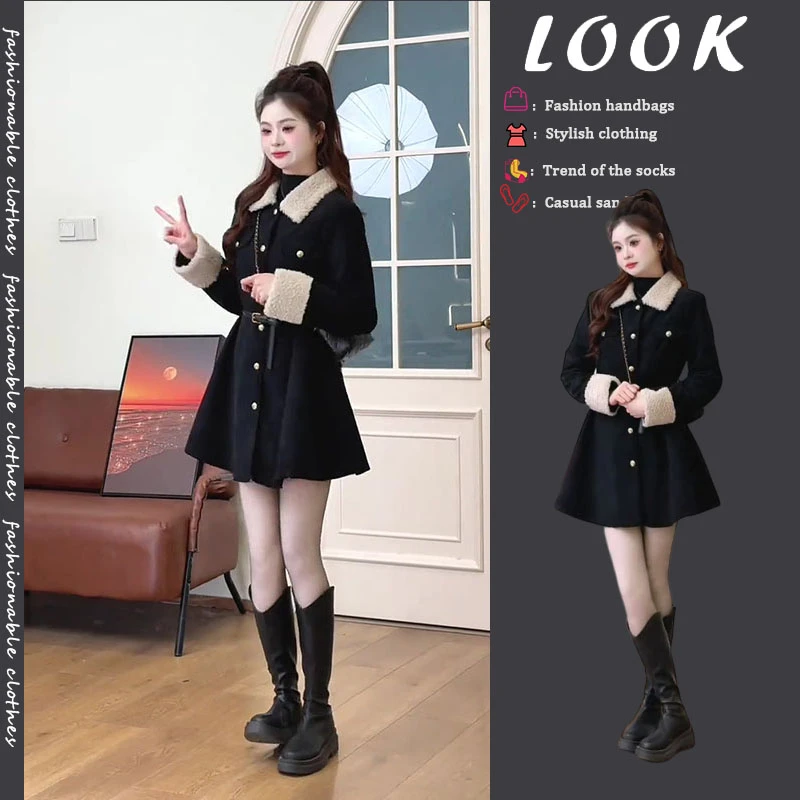 赫本风2025秋冬新款韩版设计感翻领大衣收腰显瘦小香风撞色外套女
