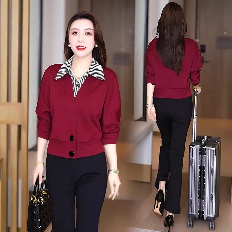 时尚洋气套装女2025春季新款设计感假两件衬衫微喇裤显瘦两件套潮