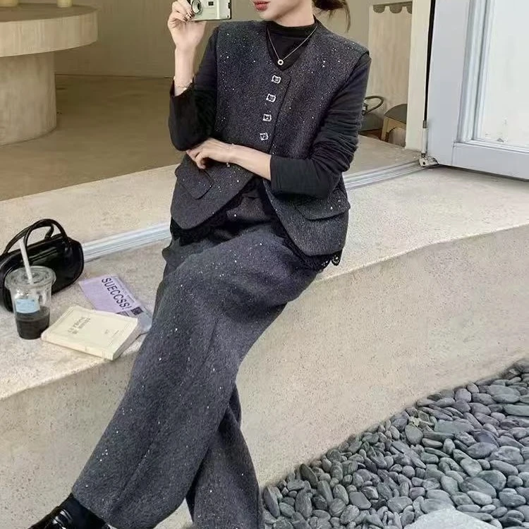 秋冬时尚高级感韩系亮片小香风毛呢套装