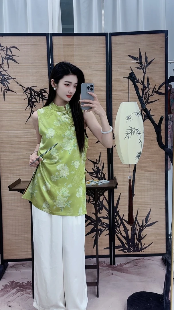 2025新中式国风印花无袖马甲印花长款上衣