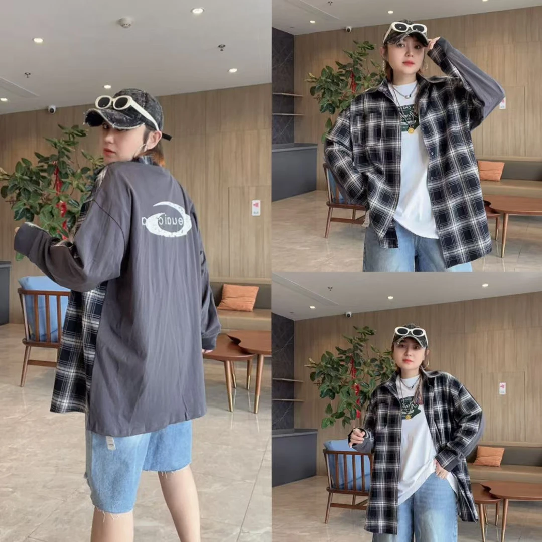 9062#款号潮牌风格秋新款环形字母做旧印花格纹拼接衬衫外套
