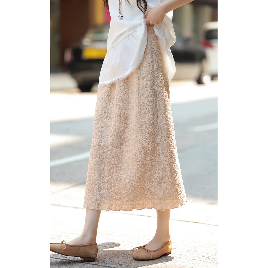 觅定肌理感高腰半身裙高腰显瘦裙子纯色气质中长裙DQ11615