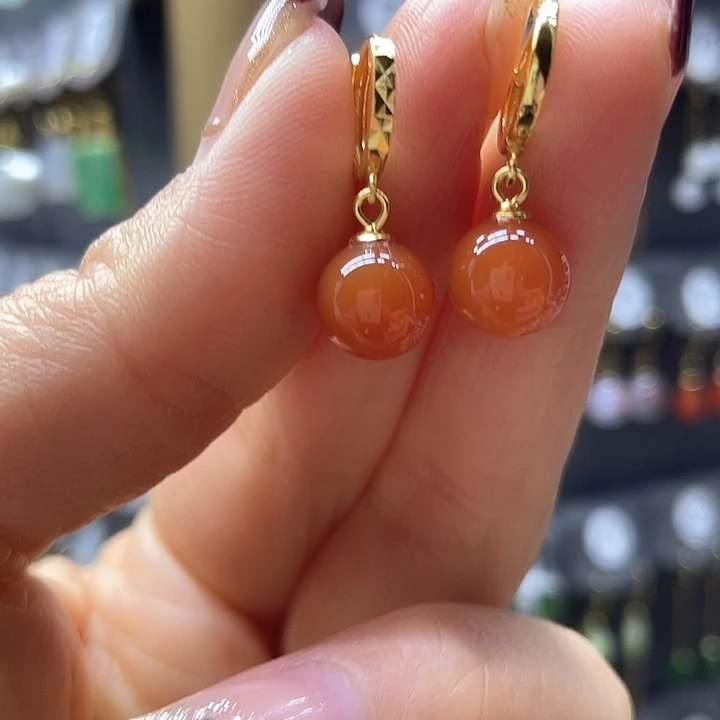 南红玛瑙耳饰银S925镀金镶嵌