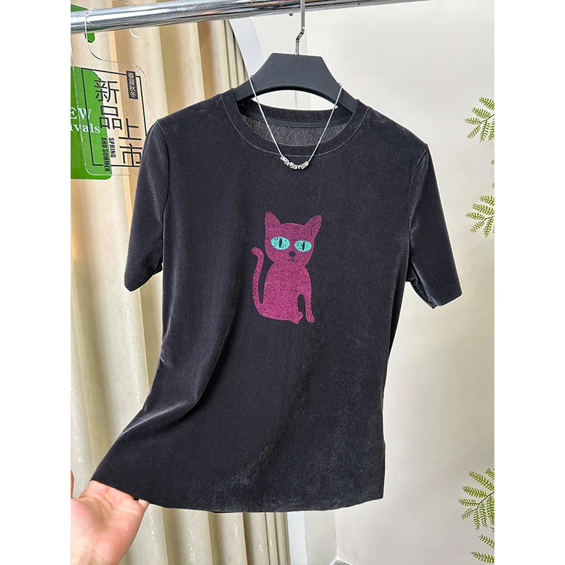 【KOBO】852042复古百搭动物图案小红猫显瘦修身T恤[运费补贴6-10]