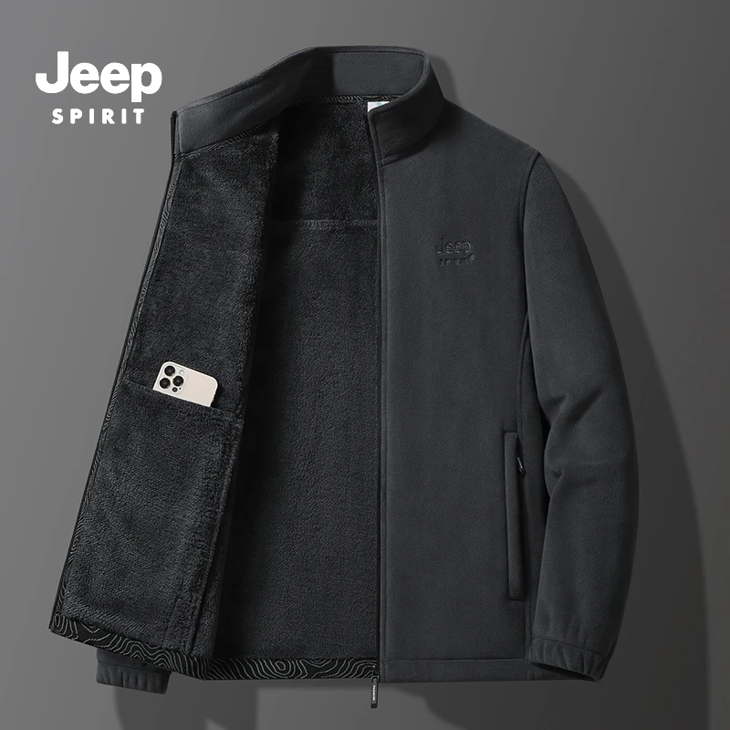 JEEPSPIRIT秋冬季立领男士休闲户外刺绣抓绒衣保暖男装长袖外套