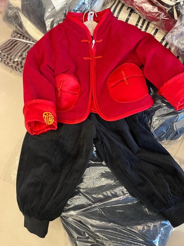 2025儿童红色中国风拜年服男宝女童秋冬加绒冬款