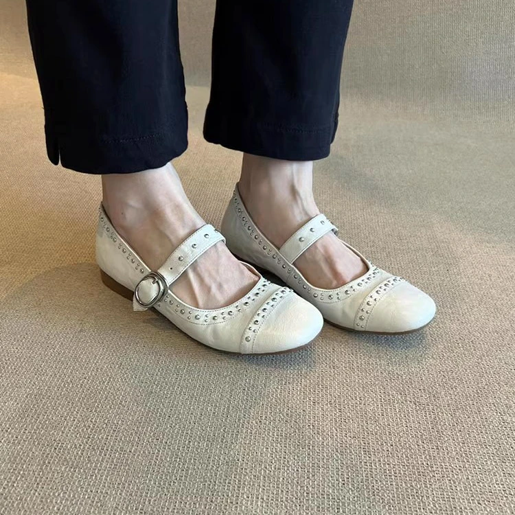 羊皮版~法式温柔风浅口铆钉玛丽珍单鞋女百搭平底一字带芭蕾舞鞋