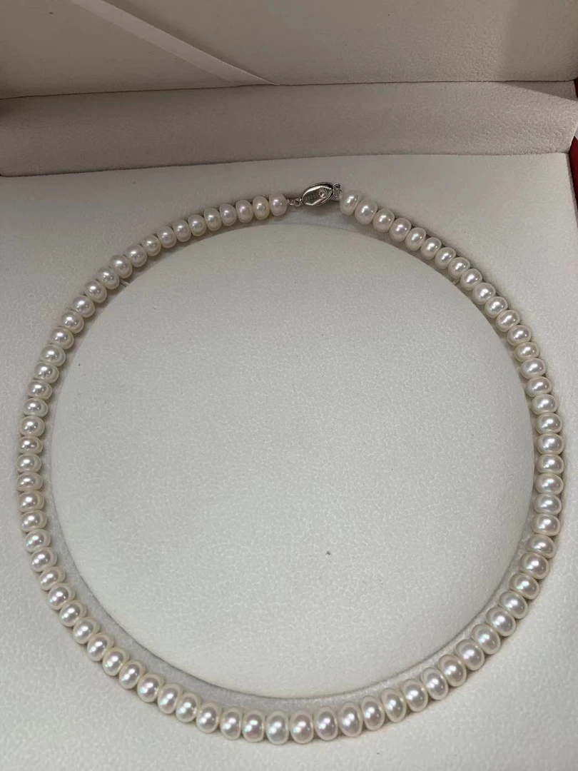 6.5-7.5mm无核珍珠项链面包珠强光百搭长款淡水纯天然大颗女款