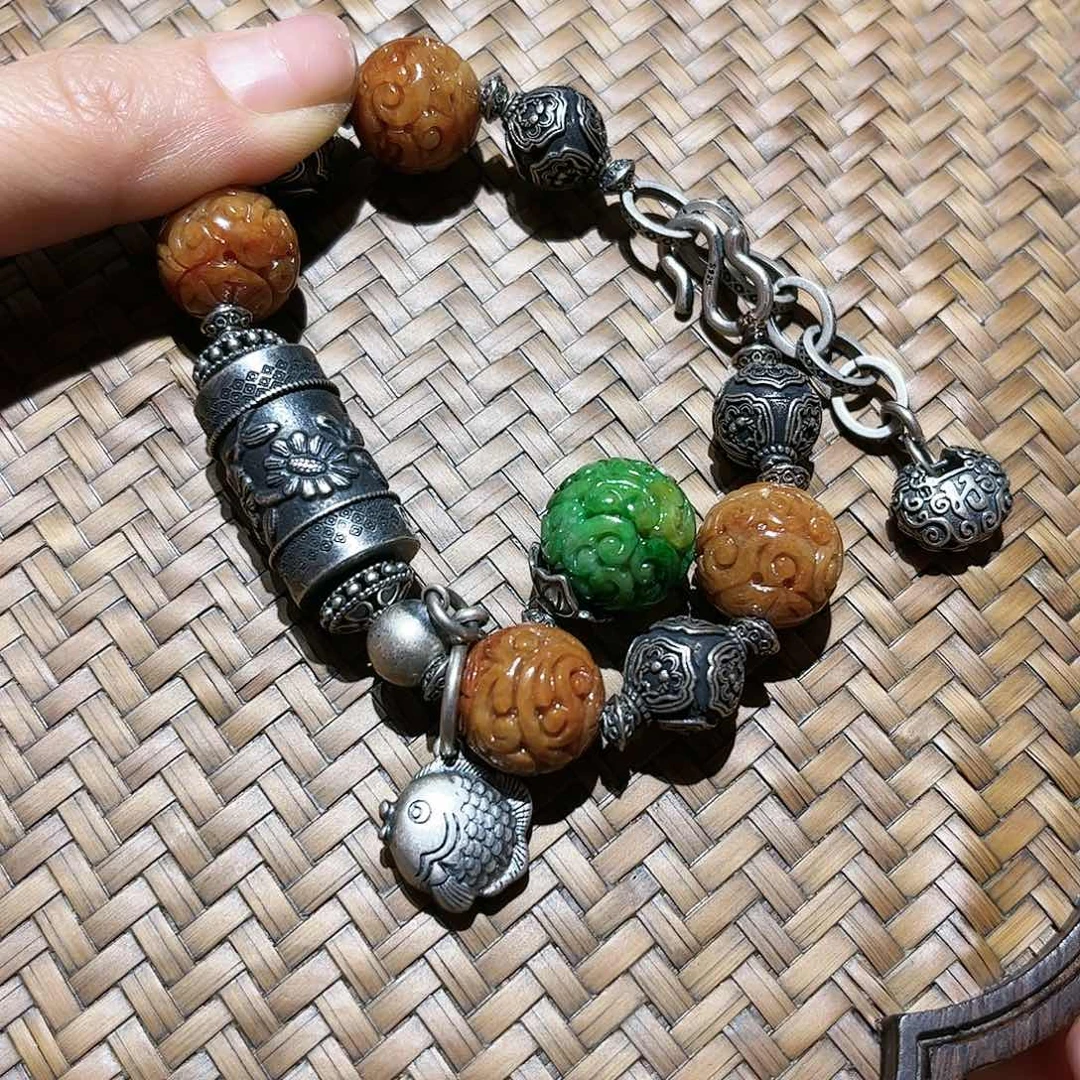 翡翠手链银S925镶嵌小**女个性十足时尚