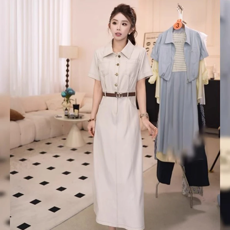 【送腰带】气质通勤翻领短袖连衣裙女2025夏季新款收腰显瘦裙D1632