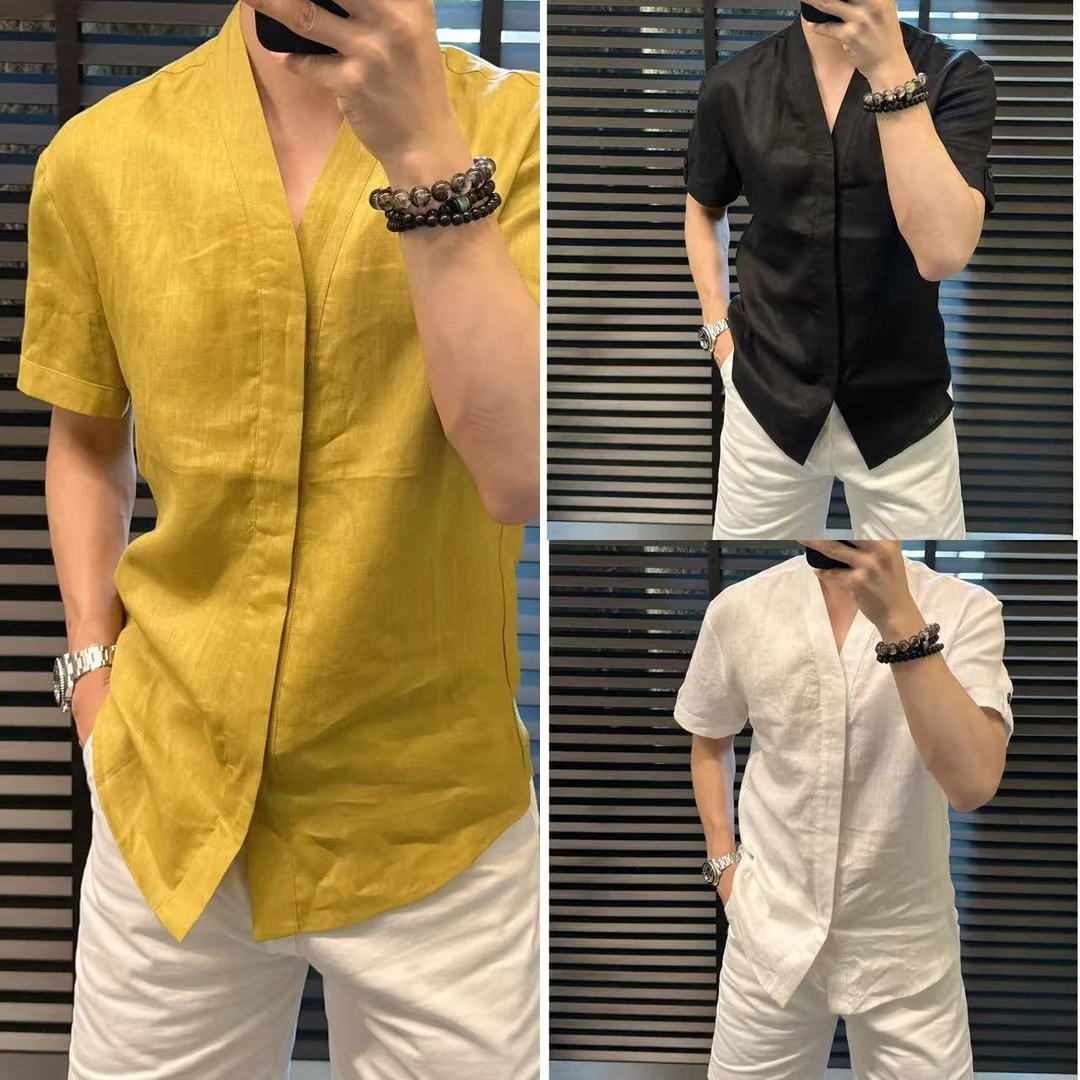 東•  轻奢夏季男士亚麻V领简约衬衫 8035