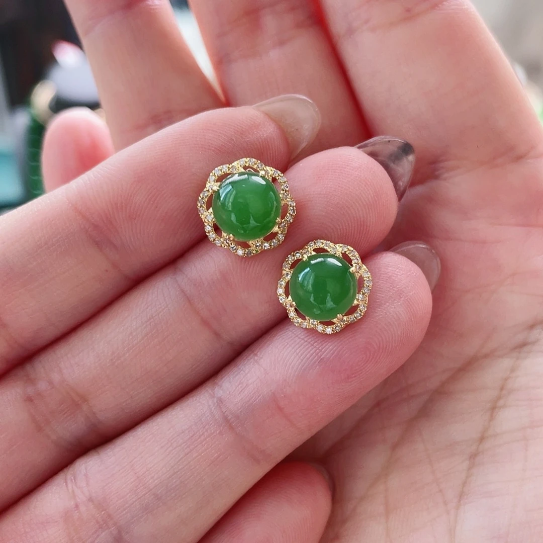 和田玉（碧玉）耳饰18K金镶嵌