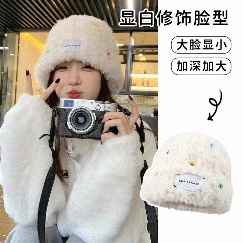 白鹿同款彩色纽扣毛绒帽保暖套头帽大头围显脸小帽子