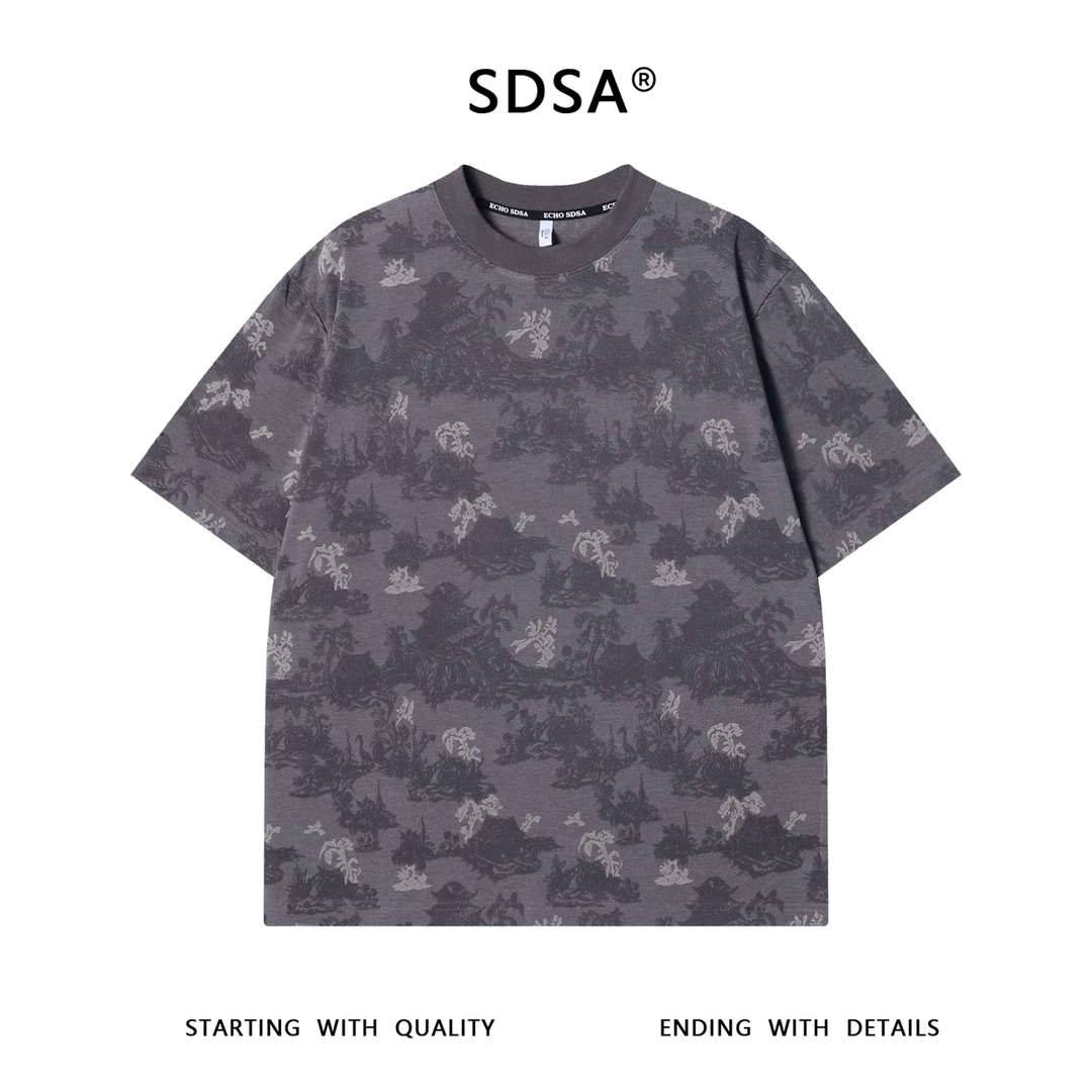 夏季高级感新款美式撞色暗纹提花圆领短袖T恤潮流百搭宽松上衣