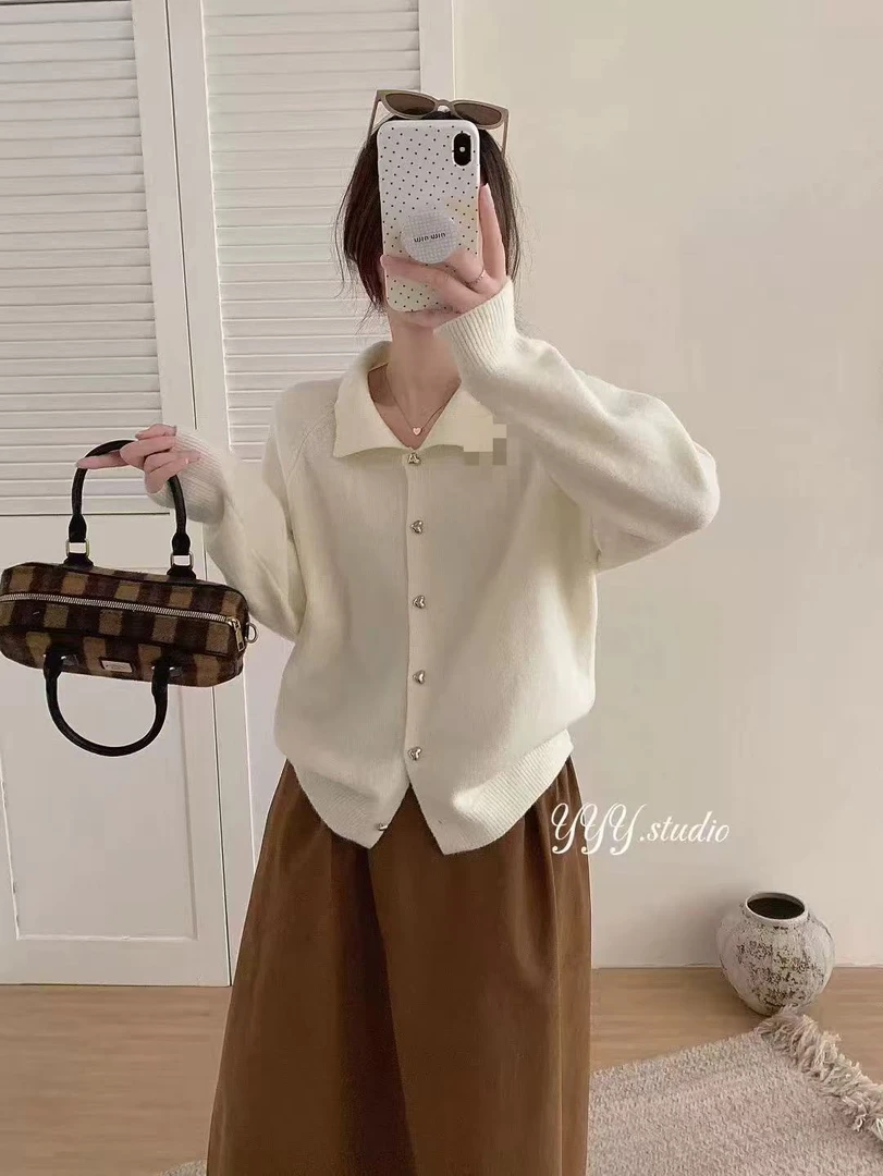 韩系毛衣穿搭纯色系针织衫～翻领开衫插肩袖显瘦外套早秋新款上衣