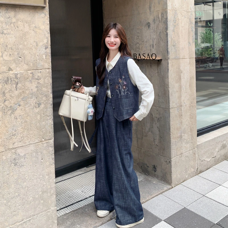 牛仔刺绣马甲衬衫阔腿裤套装2025春秋新款复古港风气质显瘦三件套